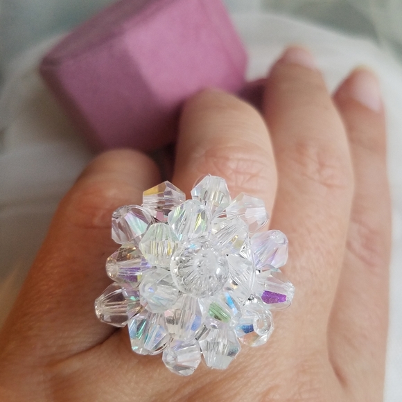 Swarovski Elements Aurora Borealis Large Flower Cluster Statement Ring NWT - Picture 1 of 17